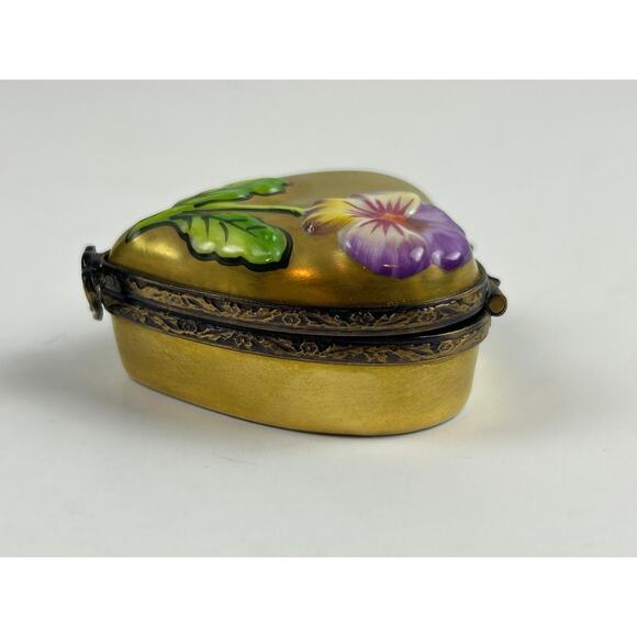 Rochard Limoges France Heart Trinket Box Hand Painted Pansy Gold Porcelain - Picture 3 of 12